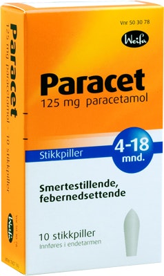 Bilde: © Weifa / Kolonial.no Weifa Paracet Stikkpille 4-18 mnd, 125mg, 10 stk