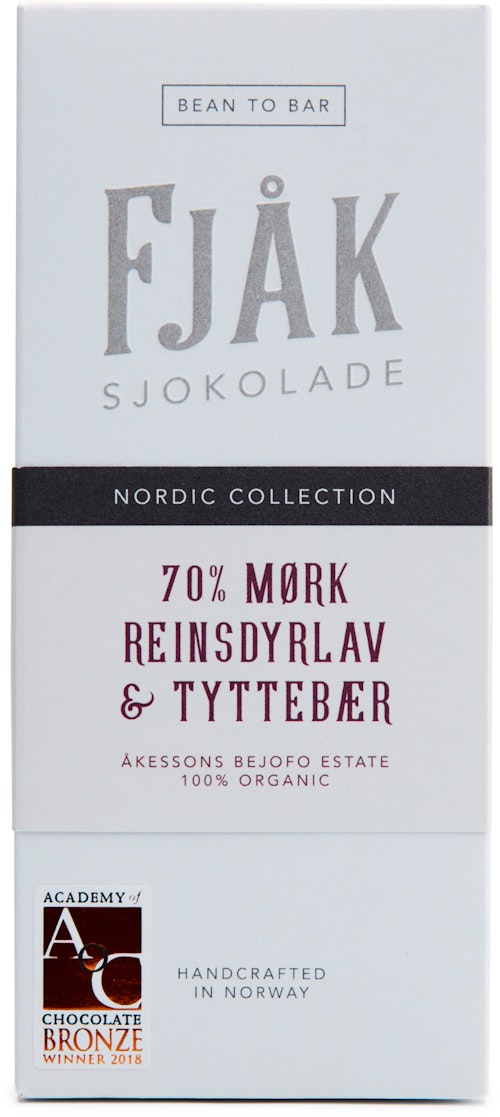 Fjåk Økologisk Reinsdyrlav & Tyttebær 70% Mørk Sjokolade