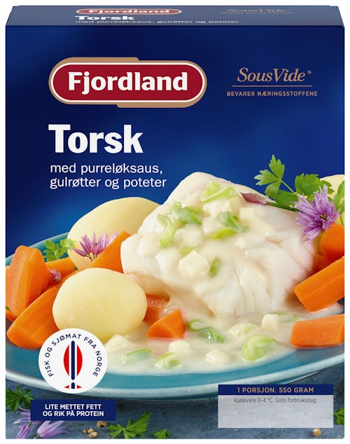 Bilde: © Fjordland / Oda Fjordland Torsk i Purreløksaus Gulrøtter og Poteter, 550 g