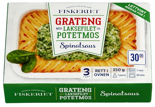 Grateng med laksfilet i spinatsaus Middag for 1 person, 350 g