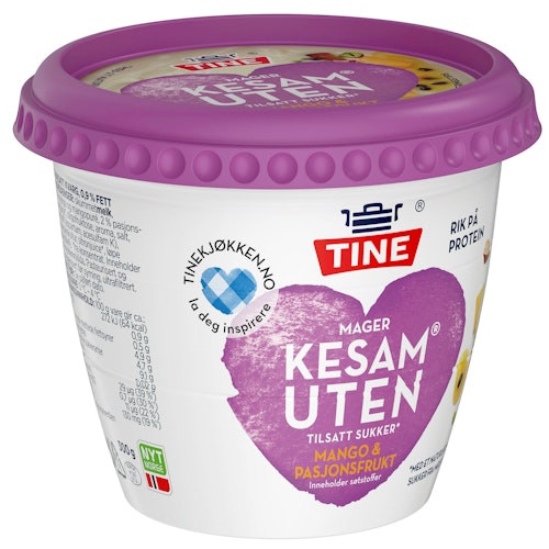 Bilde: © Tine / Kolonial.no Tine Kesam Mango og Pasjonsfrukt Uten tilsatt sukker, 300 g
