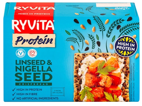 Bilde: © Ryvita / Kolonial.no Ryvita Ryvita Protein Linfrø & Karve Knekkebrød, 200 g