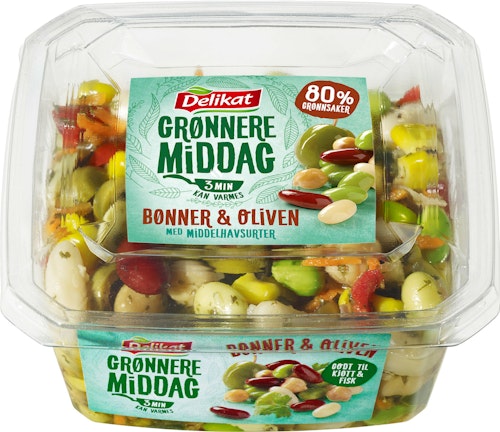 Bilde: © Delikat / Kolonial.no Delikat Grønnere Middag Med Bønner Og Oliven, 300 g