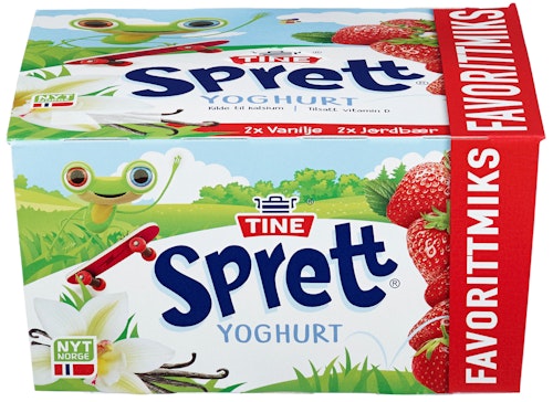 Bilde: © Tine / Kolonial.no Tine Sprett Yoghurt Favorittmiks,Vanilje og Jordbær 4x125gr, 500 g