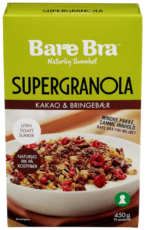 Bilde: © Bare Bra / Kolonial.no Bare Bra Supergranola Kakao & Bringebær 450 g