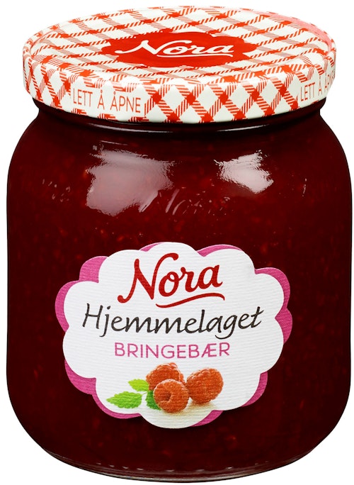 Bilde: © Nora / Kolonial.no Nora Bringebærsyltetøy Hjemmelaget 400 g