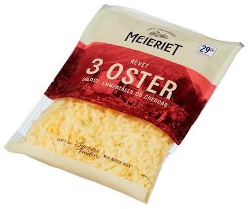 Bilde: © REMA 1000 / Kolonial.no REMA 1000 Revet Gulost, Cheddar, Emmenthaler, 180 g