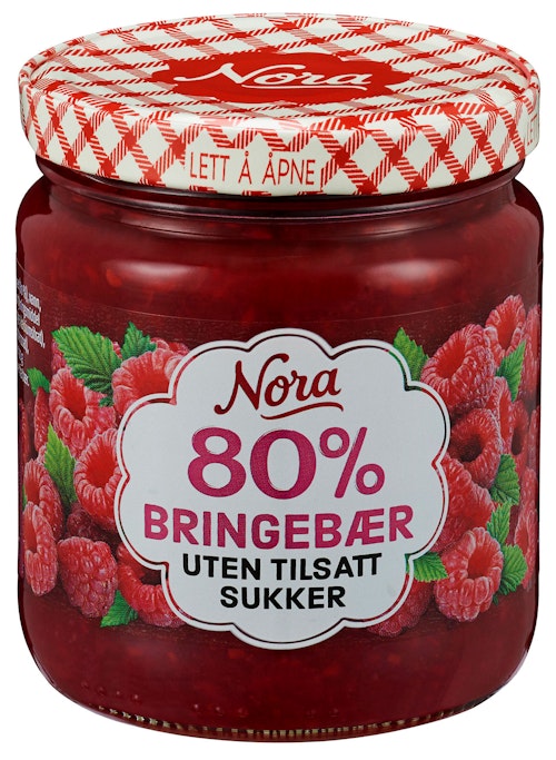 Bilde: © Nora / Kolonial.no Nora Bringebærsyltetøy Uten Tilsatt Sukker 275 g