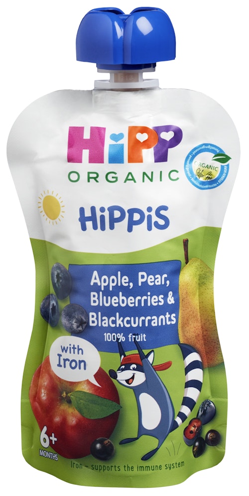 Hipp Smoothie Hippis, eple, pære, blåbær og solbær  med jern Fra 6 mnd