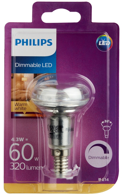 Philips Lyspære Led Reflektor R50, 60w, E14 Varmhvit 36d Dim