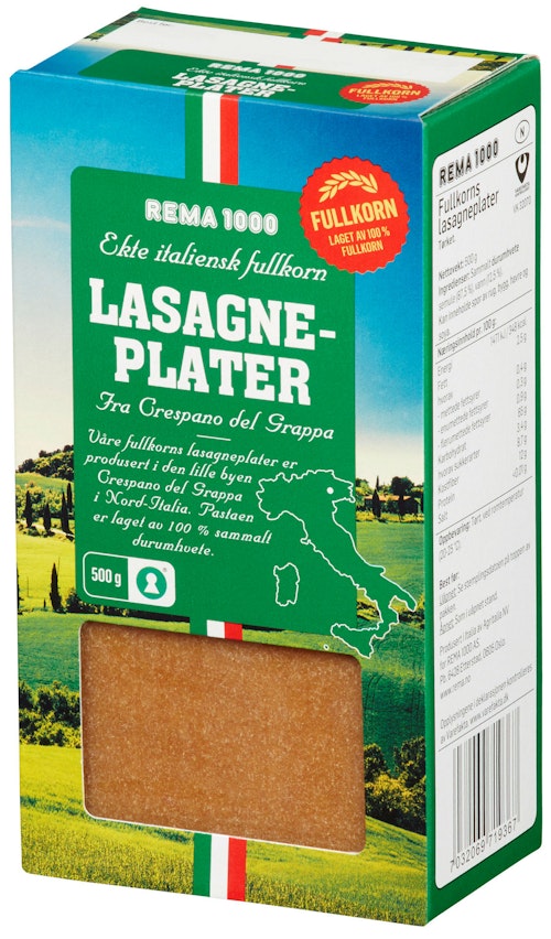 Bilde: © REMA 1000 / Kolonial.no REMA 1000 Lasagneplater Fullkorn 500 g