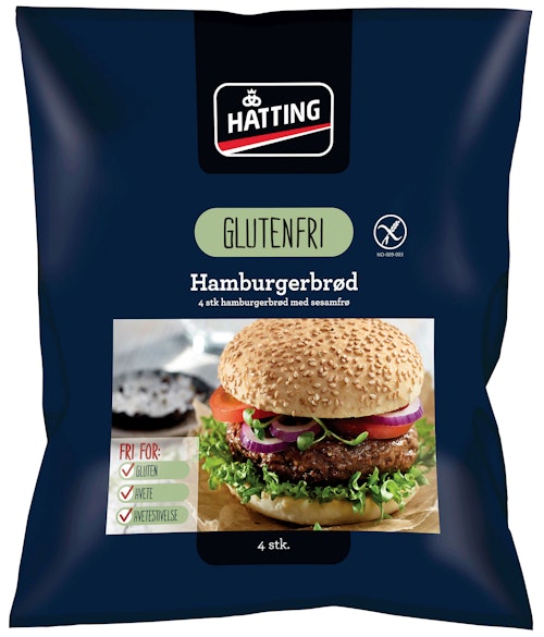 Bilde: © Hatting / Kolonial.no Hatting Glutenfrie Hamburgerbrød 4 stk, 320 g