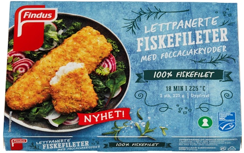 Bilde: © Findus / Kolonial.no Findus Lettpanerte Fiskefileter Med Foccacia Krydder, 225 g