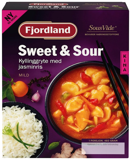 Bilde: © Fjordland / Kolonial.no Fjordland Kyllinggryte Sweet & Sour Med Jasminris, 460 g