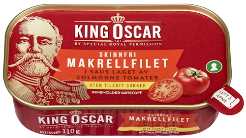 Bilde: © King Oscar / Kolonial.no King Oscar Skinnfri Makrell Stevia 110 g