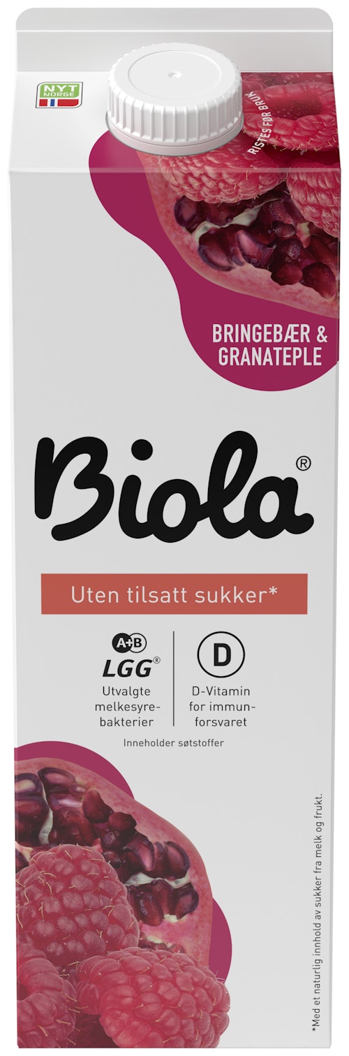 Bilde: © Tine / Kolonial.no Tine Biola Granateple & Bringebær Zero 1 l
