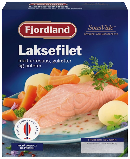 Bilde: © Fjordland / Kolonial.no Fjordland Kokt Laks med Urtesaus, Gulrot & Poteter 500 g