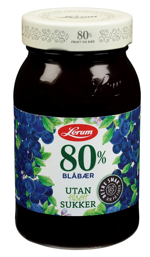 Bilde: © Lerum / Kolonial.no Lerum Blåbærsyltetøy Uten Tilsatt Sukker, 330 g