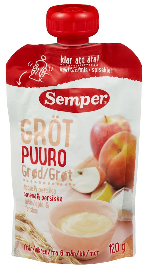 Bilde: © Semper / Kolonial.no Semper Grøt Eple & Fersken Fra 6 mnd, 120 g