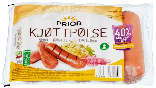 Bilde: © Prior / Kolonial.no Prior Røkt Kjøttpølse Av Kylling & Kalkun Skinnfri, 450 g