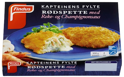 Bilde: © Findus / Kolonial.no Findus Kapteinens Fylte Rødspette Med Reke- og Champignonsaus, 300 g