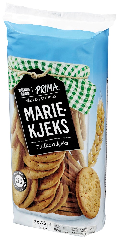 Bilde: © Prima / Kolonial.no Prima Fullkorn Mariekjeks 2 x 225g, 450 g