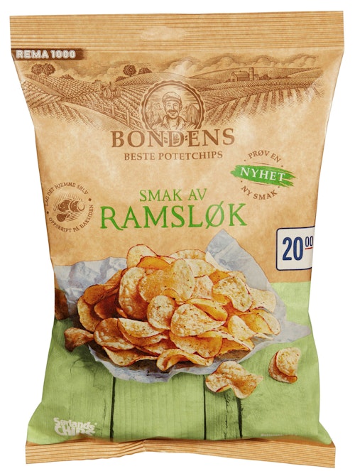 Bilde: © Sørlandschips / Kolonial.no Sørlandschips Bondens Potetchips Ramsløk 200 g