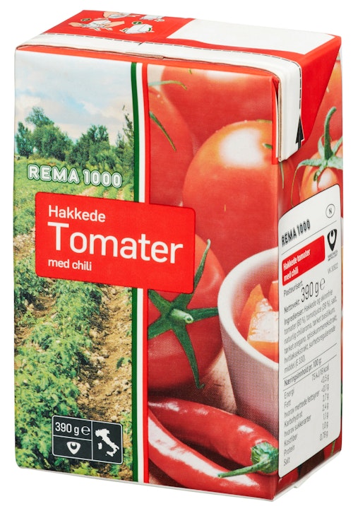 Bilde: © REMA 1000 / Kolonial.no REMA 1000 Hakkede Tomater Med Chilli 390 g
