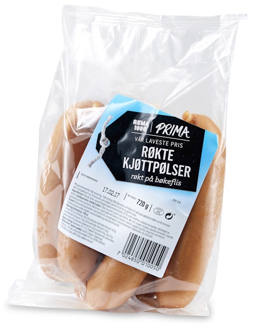 Bilde: © REMA 1000 / Kolonial.no REMA 1000 Prima Røkte Kjøttpølser 720 g
