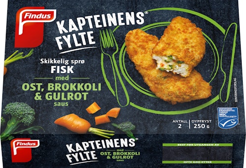Bilde: © Findus / Oda Findus Kapteinens Fylte med Ost, Brokkoli & Gulrot 250 g