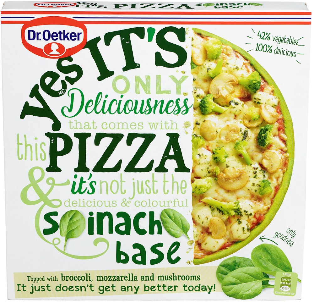 Dr. Oetker Yes it's pizza - Med Brokkoli, Mozzarella og Sopp Pizzabunn med Spinat