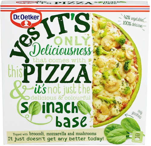 Bilde: © Dr. Oetker / Kolonial.no Dr. Oetker Yes it's pizza - Med Brokkoli, Mozzarella og Sopp Pizzabunn med Spinat, 335 g