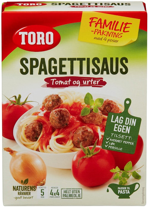 Bilde: © Toro / Kolonial.no Toro Spaghettisaus Økonomipakke, 4 poser, 216 g