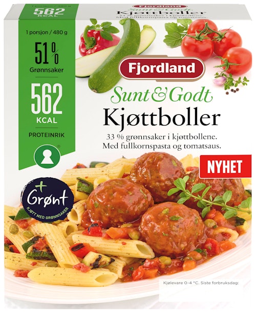 Sunt & Godt Kjøttboller i Tomatsaus med Fullkornpasta, 480 g