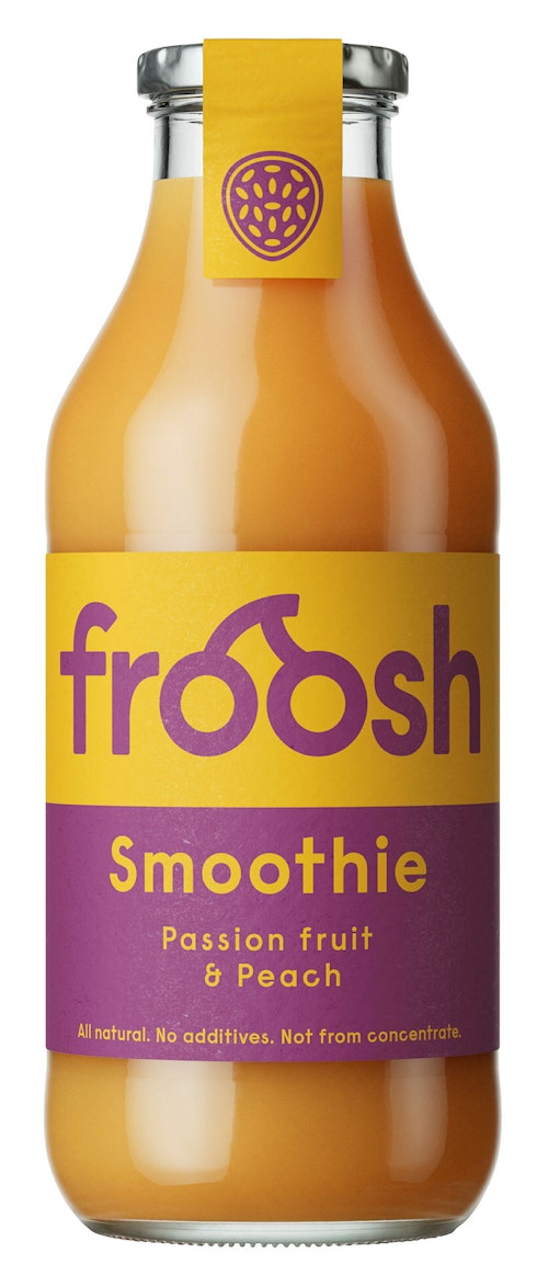 Bilde: © Froosh / Kolonial.no Froosh Smoothie Fersken & pasjonsfrukt 750 ml