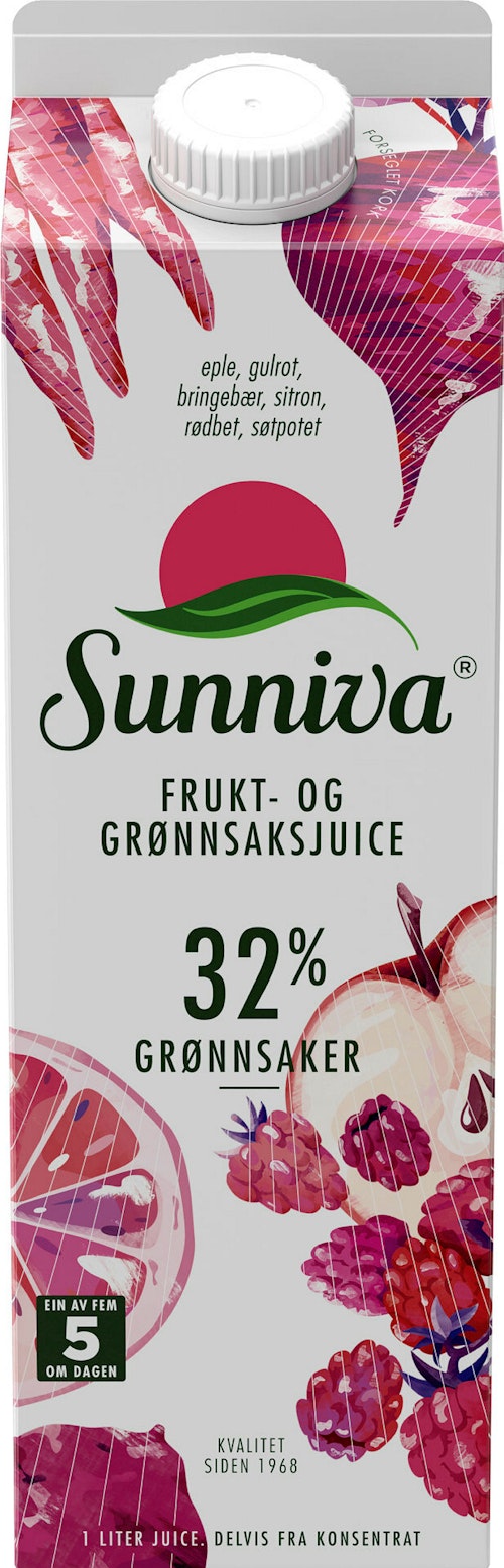 Bilde: © Sunniva / Kolonial.no Sunniva Supri med Eple, Gulrot, Bringebær & Sitron 32% Grønnsaker, 1 l