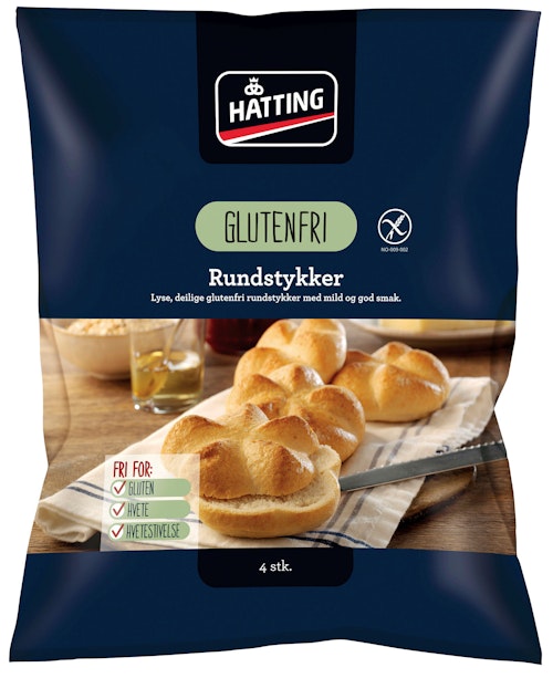 Bilde: © Hatting / Kolonial.no Hatting Glutenfrie Rundstykker 4 stk, 260 g