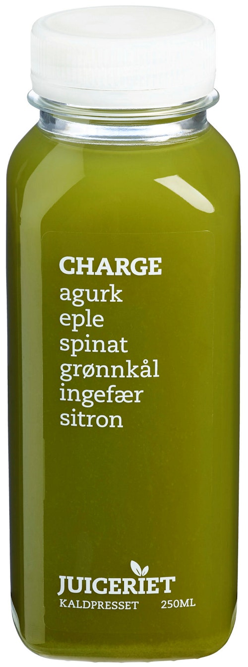 Bilde: © Juiceriet / Kolonial.no Juiceriet Charge Agurk, Eple, Spinat, Grønnkål, Ingefær & Sitron, 250 ml