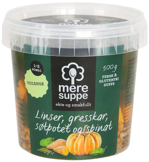 Bilde: © Mere Suppe / Kolonial.no Mere Suppe Suppe med Linser, Søtpotet, Gresskar og Spinat 500 g