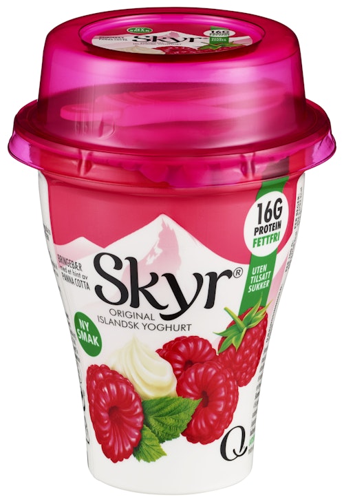 Bilde: © Q-meieriene / Kolonial.no Q-meieriene Skyr Bringebær & Pannacotta 160 g