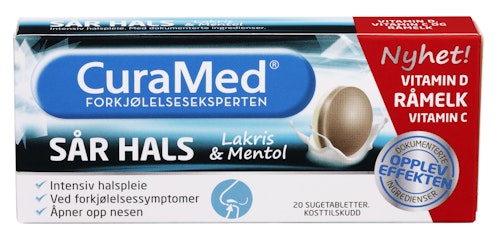 Bilde: © Curamed / Oda Curamed Curamed Sår Hals Sugetablett Mentol og Lakris, 20 stk