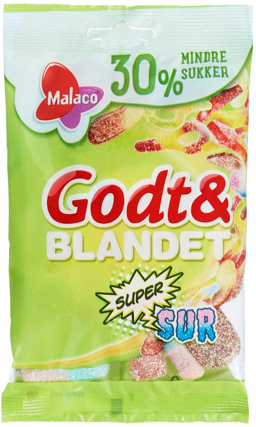 Bilde: © Malaco / Kolonial.no Malaco Godt & Blandet Supersur 30 % Mindre Sukker, 110 g