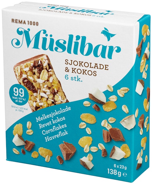 Bilde: © REMA 1000 / Kolonial.no REMA 1000 Müslibar Sjokolade og Kokos 6 stk, 138 g