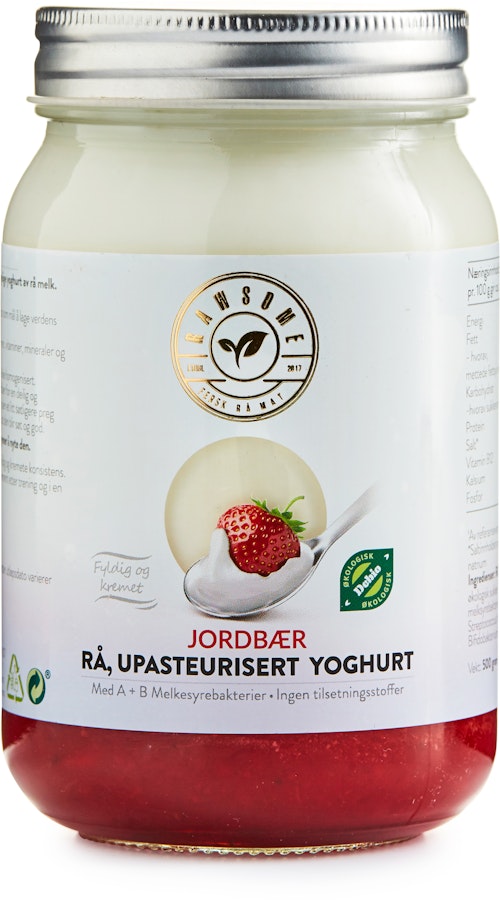 Bilde: © Rawsome / Kolonial.no Rawsome Upasteurisert Rå Jordbæryoghurt 500 ml