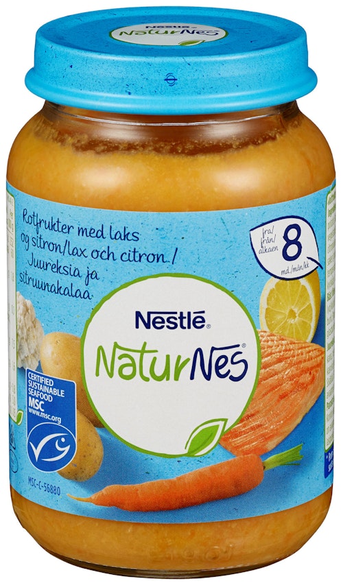 Bilde: © Nestlé / Kolonial.no Nestlé NaturNes Rotfrukter med Laks Fra 8 mnd, 190 g
