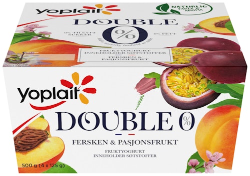 Bilde: © Fjordland / Kolonial.no Fjordland Yoplait Double 0% Fersken&Pasjon, 4x125g, 500 g