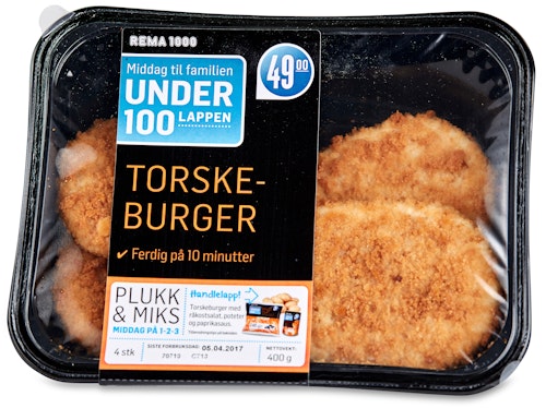Bilde: © REMA 1000 / Kolonial.no REMA 1000 Torskeburger 62%, 400 g