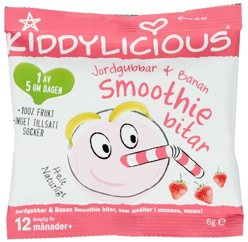 Bilde: © Kiddylicious / Kolonial.no Kiddylicious Jordbær & Banan Smoothie Biter Fra 12 mnd, 6 g