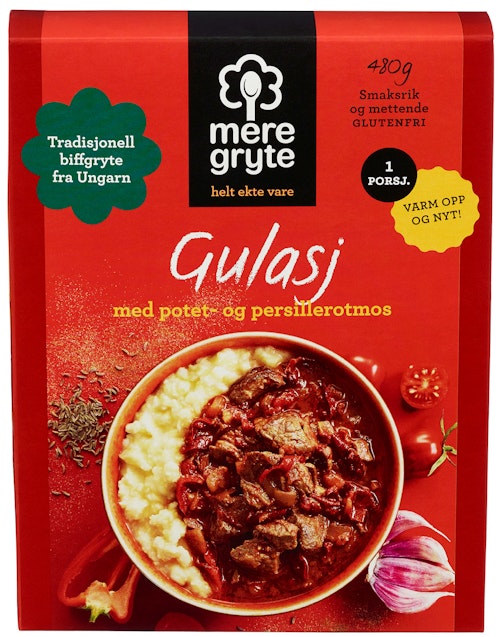 Bilde: © Mere Gryte / Kolonial.no Mere Gryte Gulasj Med Potet og Persillerotmos 480 g