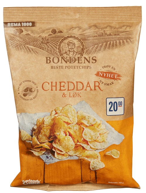 Bilde: © Sørlandschips / Kolonial.no Sørlandschips Bondens Potetchips Cheddar & Løk 200 g